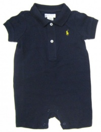 Ralph Lauren Baby Boy Shortalls in Solid Navy Blue, Yellow Pony (6 Months / Mos.)