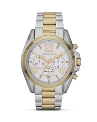 Tap this season's duo tone watch trend with this stainless steel bracelet from MICHAEL Michael Kors. It's chronograph movement is ever-practical while roman numeral indexes give this piece a distinctive stamp.