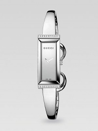 From the G-Frame Collection. A streamlined stainless steel timepiece with diamond and horsebit accents.Quartz movement Water resistant to 3 ATM Rectangular stainless steel case, 34mm x 14mm, (1.33 x .55) Sapphire crystal Diamonds along top and bottom case, 0.10 tcw Stainless steel bangle Jewelry clasp closure Made in Switzerland 