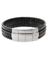 On point and in style. This Emporio Armani men's bracelet is a staple to any sophisticated wardrobe with its black leather band and signature eagle logo. Setting and adjustable clasp crafted in stainless steel. Approximate length: 7-1/2 inches.