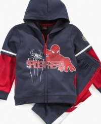 A warm-up suit from Marvel Kids that makes your superhero look utterly amazing: Zip up hoodie with Spiderman graphic and layered-look sleeves plus pull-on pants with elastic waist.