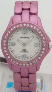 Geneva Quartz Women Watch Rhinestone Accent Fuchsia Enamel Bracelet Watch