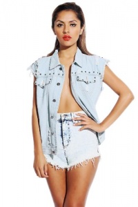 G2 Chic Women's Ripped Studded Boyfriend Denim Jean Vest