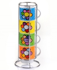 Pattern maker. Four Heart mugs bearing the unmistakable pop art of Romero Britto make a fabulous and functional addition to modern kitchens. Stack to create one cohesive design in the accompanying metal caddy.