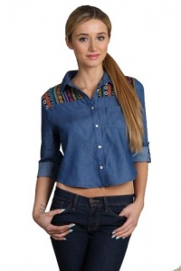 G2 Fashion Square Women's Aztec Printed Shoulder Denim Crop Shirt