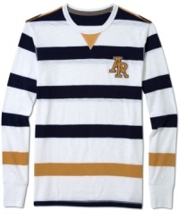 Old-school style. Gold stripe accents on this varsity shirt from American Rag give you a traditional style.