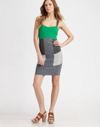 Bold colorblock updates this sleek body-con knit styled with utility-chic straps and a sweetheart neckline.Wide adjustable strapsBodice dartsSet-in waistPencil skirtDouble back ventAbout 26 from shoulder to hem55% linen/45% cottonDry cleanImportedModel shown is 5'10 (177cm) wearing US size Small.