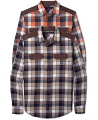 Add a hint of the old west to your new school style with this handsome Sean John plaid shirt.