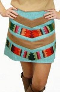 Gorgeous Judith March Aqua Blue Mini Skirt with Tribal Designs - Large