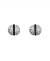 Perfect your look with playful studs by Swarovski. Earrings feature a unique ball design coated with clear crystals and a strip of jet black crystals. Set in silver tone mixed metal. Approximate diameter: 1/2 inch.