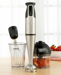 Grab this amazingly versatile kitchen tool and the power to mix, whisk and chop will be in the palm of your hand. Housed in handsome brushed stainless steel, this compact hand blender features a powerful 200-watt motor and three separate attachments that quickly and easily create smooth soups, whipped creams, purees and much more. Simple one-handed operation with push-button control and an ergonomic comfort-grip handle. Three-year limited warranty.