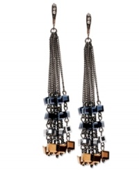 Industrious style from c.A.K.e. by Ali Khan. These tassel drop earrings bring a tough edge to your look with glass cubes and shining accents. Crafted in hematite tone mixed metal. Approximate drop: 3 inches.