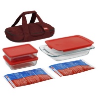 Pyrex Portable 9-Piece Double Decker Set, includes 1-ea 3-qt Easy GrabOblong, Red Plastic Cover, Red Carrier, Large Unipack, 2-ea 6-cupRectangle Storage Dishes, Red Plastic Covers