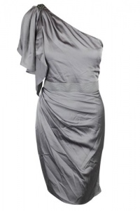 Aqua Womens Grey One Shoulder Beaded Gathered Satin Dress 4