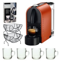 Nespresso U-D50 Pure Orange + 10oz ARC Handy Glass Coffe Mug + Nifty 6650 Single Serve Coffee Baskets + Home Activated Coffee/ Espresso Descaler