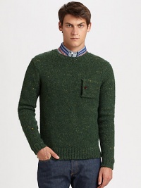 Crewneck sweater shaped in a rich wool blend with a speckled finish.CrewneckChest patch pocketRibbed knit cuffs and hem81% wool/15% alpaca/4% viscoseDry cleanImported