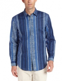 Cubavera Men's Long Sleeve Linen Cotton Striped Shirt with Print