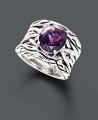 Brilliant color meets inspired design. This chic cocktail ring from Balissima by Effy Collection features a vibrant oval-cut amethyst (4-1/10 ct. t.w.) sitting in an intricately-woven band of sterling silver. Size 7.