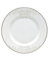 Refine your formal table with classic cream and white. Trimmed in platinum and accented with a raised dot and scroll pattern, this china dinnerware brings contemporary grace to special occasions. A pearlized finish adds subtle shimmer.