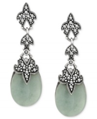 Earthy elegance. Genevieve & Grace's teardrop earrings are crafted from sterling silver, with a flower motif, as well as marcasite and jade (33 ct. t.w.) adding to the appeal. Approximate drop: 1-5/8 inches.