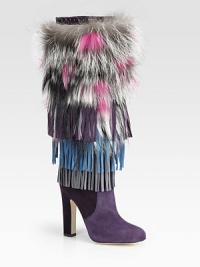 For a statement-making look, this fringed suede boot with multicolored genuine fox fur is the perfect choice. Self-covered heel, 4¾ (120mm)Hidden platform, ½ (15mm)Compares to a 4¼ heel (110mm)Shaft, 15Leg circumference, 13Suede upper with dyed fox furPull-on styleLeather lining and solePadded insoleMade in Italy