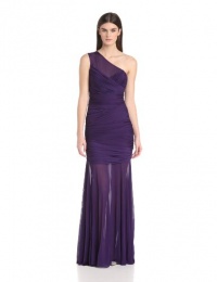 HALSTON HERITAGE Women's One Shoulder Ruched Gown with Sheer Neck and Skirt, Purple, X-Large