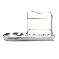 The OXO Stainless Steel Sink Organizer helps keep sink area neat and organized. Slim design fits in tight spaces and won't hog counter space. Features separate areas for long-handled brushes, palm brushes, pump dispensers and a sponge. Perforated base keeps sponges and tools dry; drip tray is removable for cleaning.