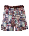 These lightweight woven cotton Bermuda shorts exude preppy polish in a vibrantly hued, classic madras patchwork print.