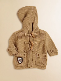 Featuring quintessential prep school style, this knit cardigan is made complete with an attached hood and wooden-toggle closures along the front.Attached hoodLong sleeves with adjustable button tabFront toggle closureButton-flap patch pockets70% cotton/30% wool spandexDry cleanImported Please note: Number of buttons may vary depending on size ordered. 