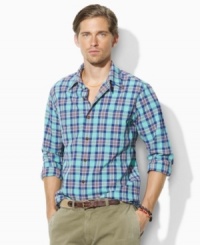 A bold, bright plaid enlivens a trim-fitting workshirt in soft dobby-woven cotton.