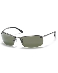 Metal framed sunglasses, bottom half of lenses unframed. Polarized brown lenses offer 100% UV protection.