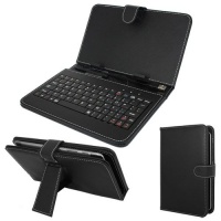 7 Tablet Stand with USB Keyboard - Black Faux Leather Carrying Case