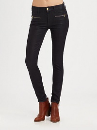 Crafted in one of the best-selling, high-shine washes, these unbelievably soft, zipper-trimmed skinnies will transition smoothly from work hours to after hours. THE FITMedium rise, about 9Inseam, about 29THE DETAILSZip flyFront besom pocketsZippered front slash pocketsBack patch pocketsZippered cuffs98% cotton/2% spandexMachine washMade in USA of imported fabricModel shown is 5'9 (175cm) wearing US size 0.