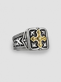 Handsome 18k gold cross accent on Sparta-engraved sterling silver. About ¾ X ¾ Made in USA