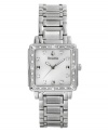 Dazzling detail dresses up this elegant watch by Bulova. Stainless steel bracelet and square case. Diamond accents at bezel. White mother-of-pearl dial with diamond-accent markers and logo. Quartz movement. Water resistant to 30 meters. Three-year limited warranty.