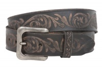 Snap On Soft Hand Floral Embossed Vintage Cowhide Full Grain Leather Casual Belt