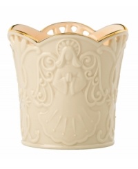 Combining elegant cutwork, gold trim and embossed angels in ivory porcelain, this Merry Lights candle holder shines a light on Christmas.