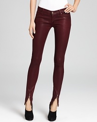 Coated with a shiny wine-colored finish, these sleek, skinny Hudson jeans are destined for a night downtown with edgy front ankle zips that bring out your inner rock star.