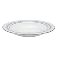 A show-stopping rim soup bowl from Marchesa by Lenox, this Empire Pearl dinnerware wows everyone around the formal table with a bedazzling platinum pattern in fine bone china.