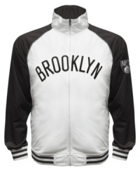 The Most Valuable Fan wears this baseball style running jacket featuring the Brooklyn Nets by Majestic.