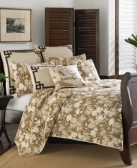 A clean ivory background embellished with a brown twill tape border comes together in this Plantation Floral Coconut European sham from Tommy Bahama. Envelope closure.