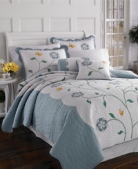 The Butterfly Meadow decorative pillow features a centered, whimsical flower and a bright yellow butterfly across lofty quilting. The perfect solution for breezy spring and summer nights, this decorative pillow adds lush comfort to the Butterfly Meadow quilt collection.