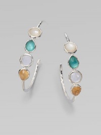 From the Wonderland Collection. Slender silver hoops set with faceted stones of clear quartz and mother-of-pearl, plus colorful doublets, layered for a rich effect of softness and depth.Mother-of-pearl and clear quartzSterling silverDiameter, about 1½Post backImported