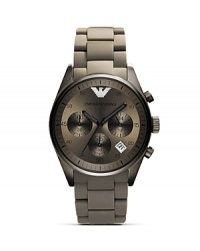 An edgy take on sporty style, Emporio Armani's cool, charcoal chronograph is an athletic add-on. Off the pitch, wear the timely piece to punch up your daytime uniform.