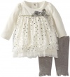 Nannette Baby-Girls Newborn 2 Piece Dotted Bow Dress Legging Set, Beige, 3-6 Months