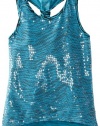 One Step Up Girls 7-16 Clear Sequin Over Print Tank, Aqua Crest Zebra, Medium