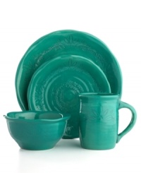 Homegrown style. Ruffled edges and engraved florals give the Espana Antica place setting an organic, handcrafted feel that suits country settings. With a glossy teal finish. From the Tabletops Unlimited dinnerware collection.