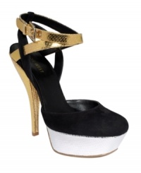 Brilliant gold-colored straps contrast nicely with the black and white of Nine West's Crashin platform pumps for a look that's trendy, yet sophisticated.