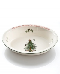 With an historic pattern starring the most cherished symbol of the season, the Christmas Tree oval dish from Spode's collection of serveware and serving dishes is a festive gift to holiday dining. A beautiful present for the host with the sentimental message, Christmas Warms Our Hearts and Homes.