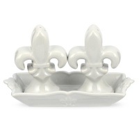 Portmeirion Fleur De Lys Grey Figural Salt and Pepper with Tray